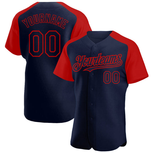 Custom Navy Red Authentic Raglan Sleeves Baseball Jersey - Main View