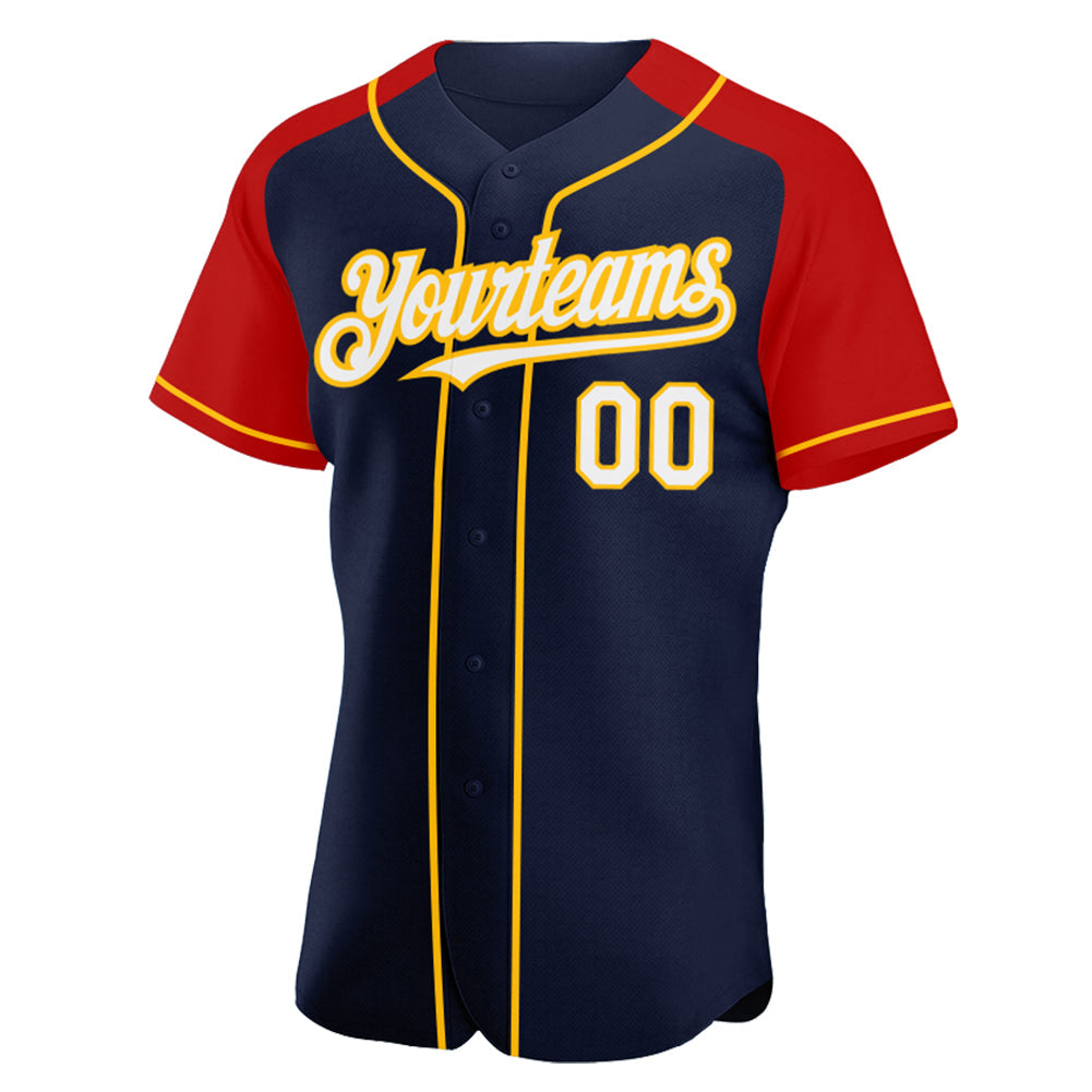 Custom Navy White Red-Gold Authentic Raglan Sleeves Baseball Jersey view 2