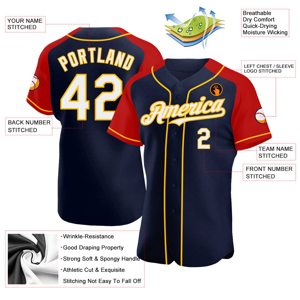 Custom Navy White Red-Gold Authentic Raglan Sleeves Baseball Jersey view 3