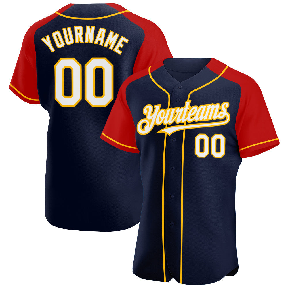 Custom Navy White Red-Gold Authentic Raglan Sleeves Baseball Jersey - Main View