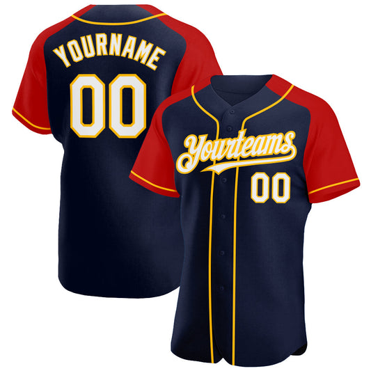 Custom Navy White Red-Gold Authentic Raglan Sleeves Baseball Jersey - Main View