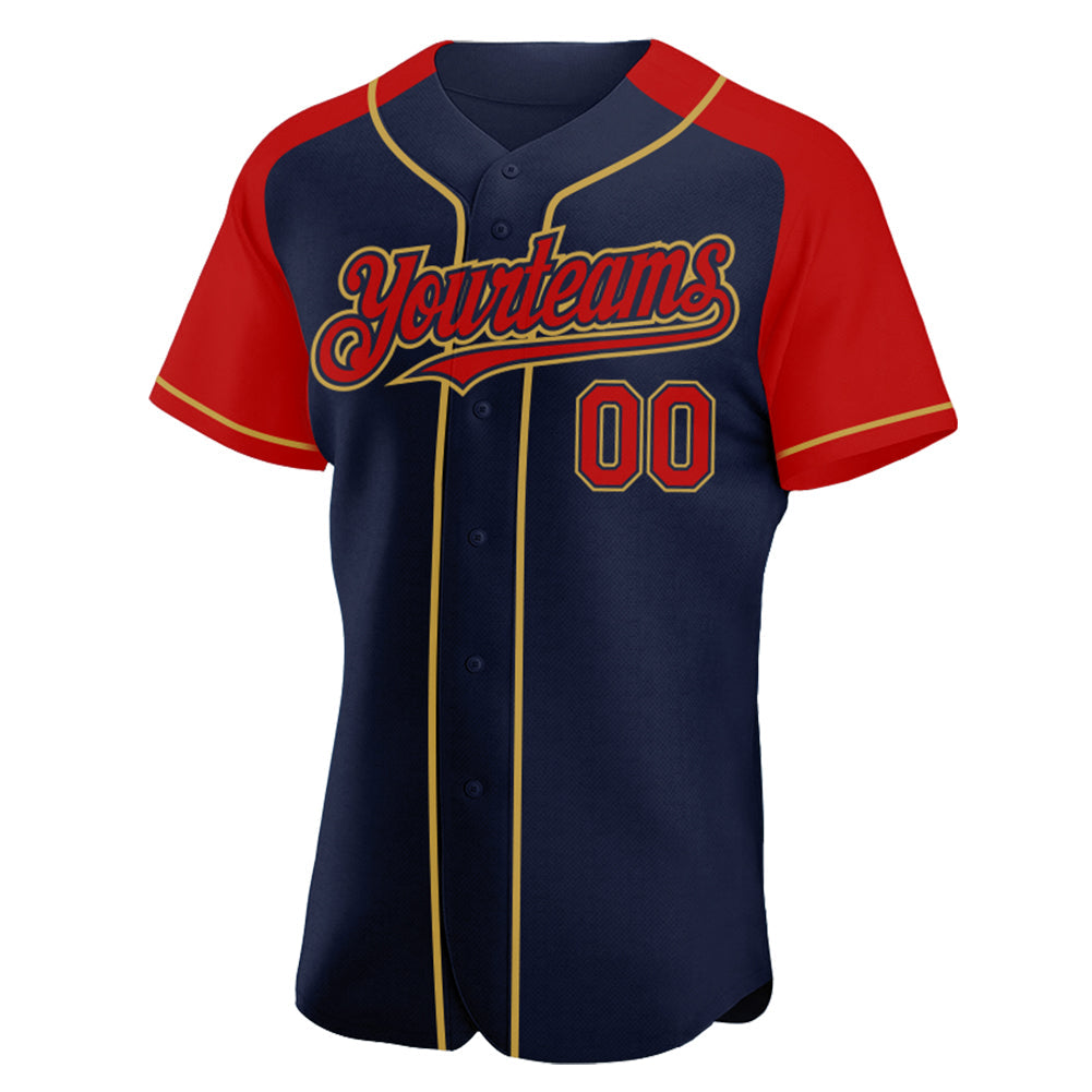 Custom Navy Red-Old Gold Authentic Raglan Sleeves Baseball Jersey view 2