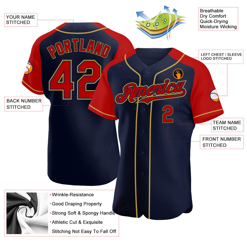 Custom Navy Red-Old Gold Authentic Raglan Sleeves Baseball Jersey view 3
