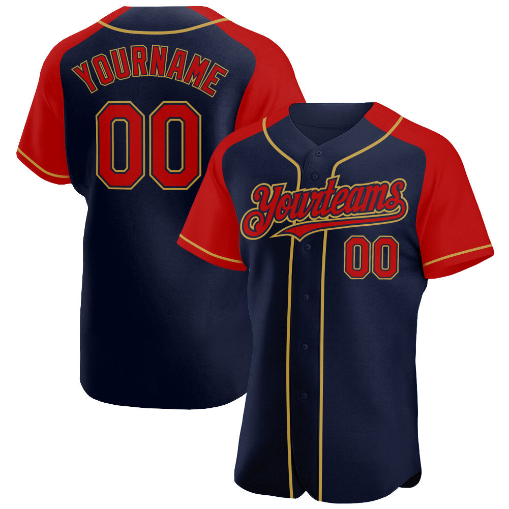 Custom Navy Red-Old Gold Authentic Raglan Sleeves Baseball Jersey - Main View