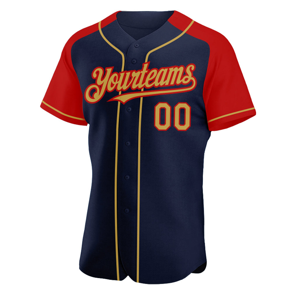 Custom Navy Old Gold-Red Authentic Raglan Sleeves Baseball Jersey view 2