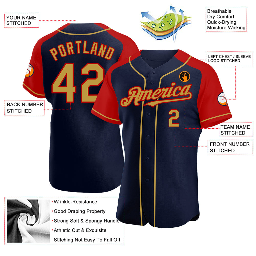Custom Navy Old Gold-Red Authentic Raglan Sleeves Baseball Jersey view 3