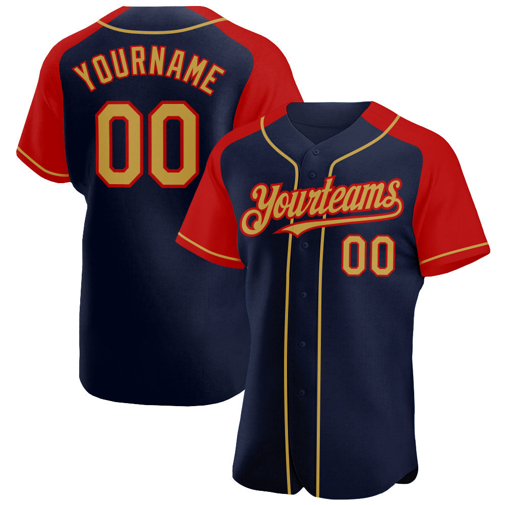 Custom Navy Old Gold-Red Authentic Raglan Sleeves Baseball Jersey - Main View