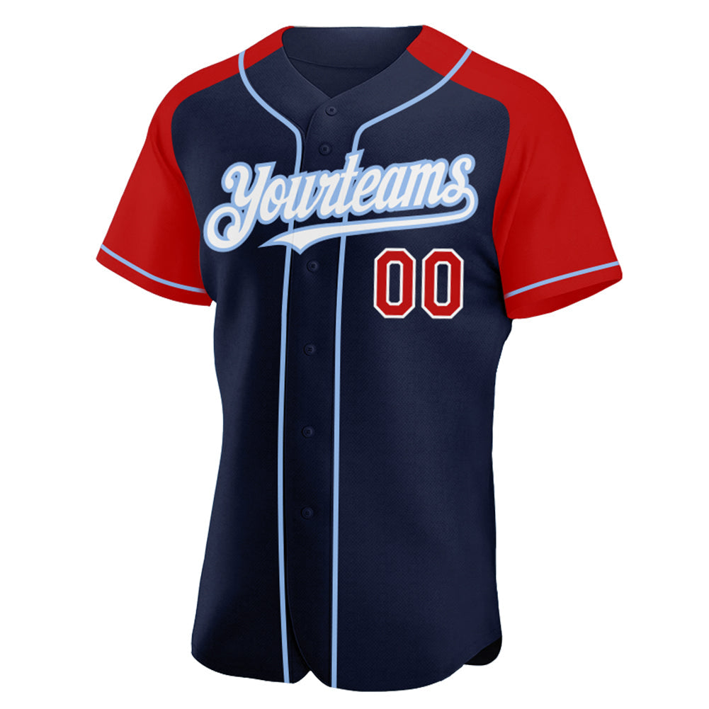 Custom Navy Red-Light Blue Authentic Raglan Sleeves Baseball Jersey view 2