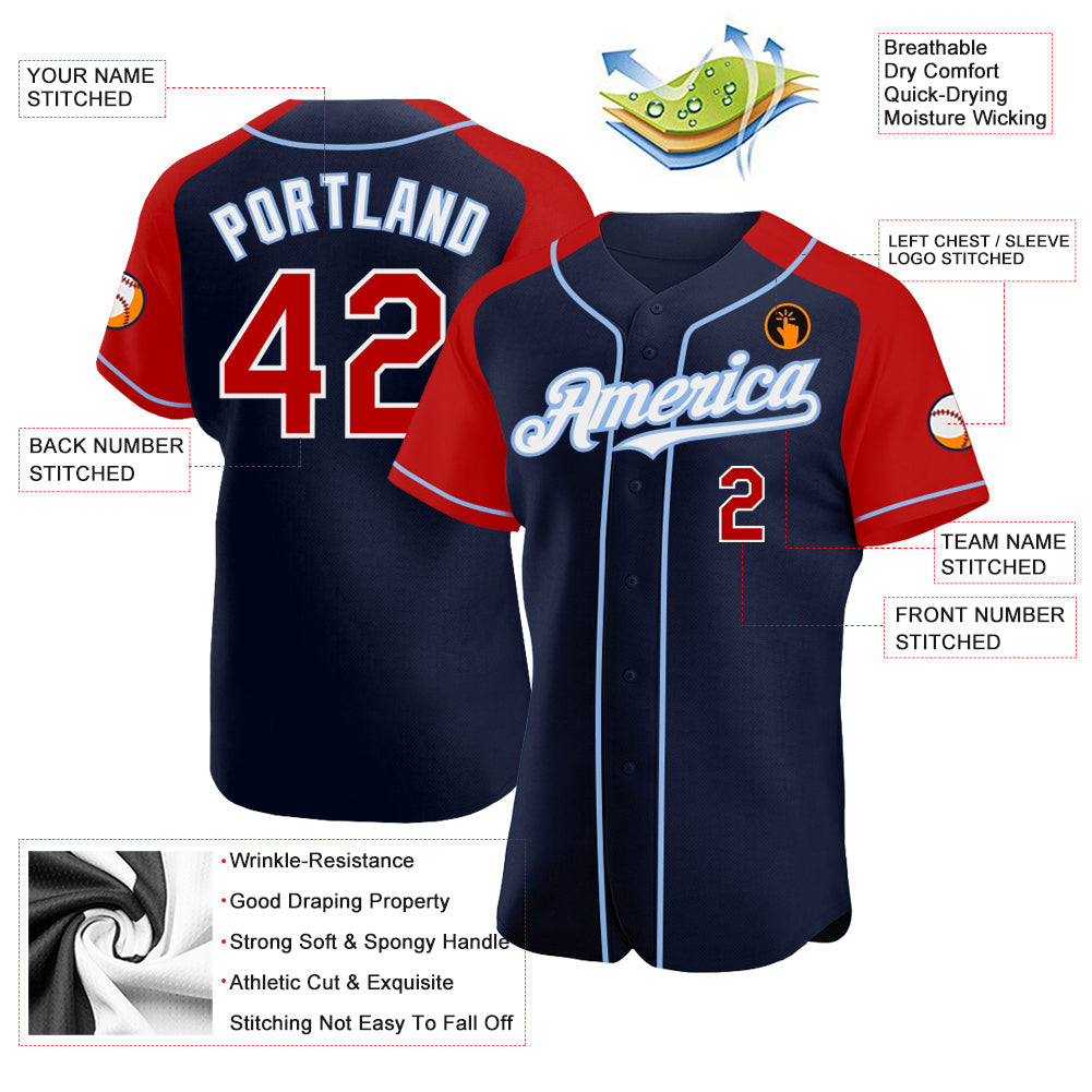 Custom Navy Red-Light Blue Authentic Raglan Sleeves Baseball Jersey view 3