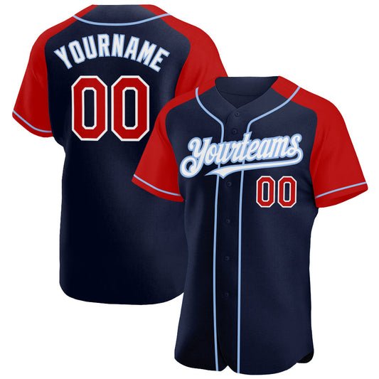 Custom Navy Red-Light Blue Authentic Raglan Sleeves Baseball Jersey - Main View