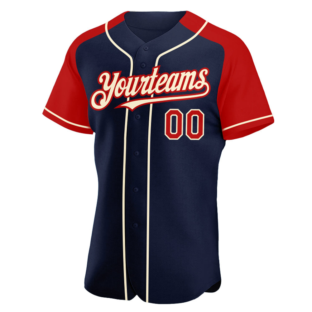 Custom Navy Red-Cream Authentic Raglan Sleeves Baseball Jersey view 2