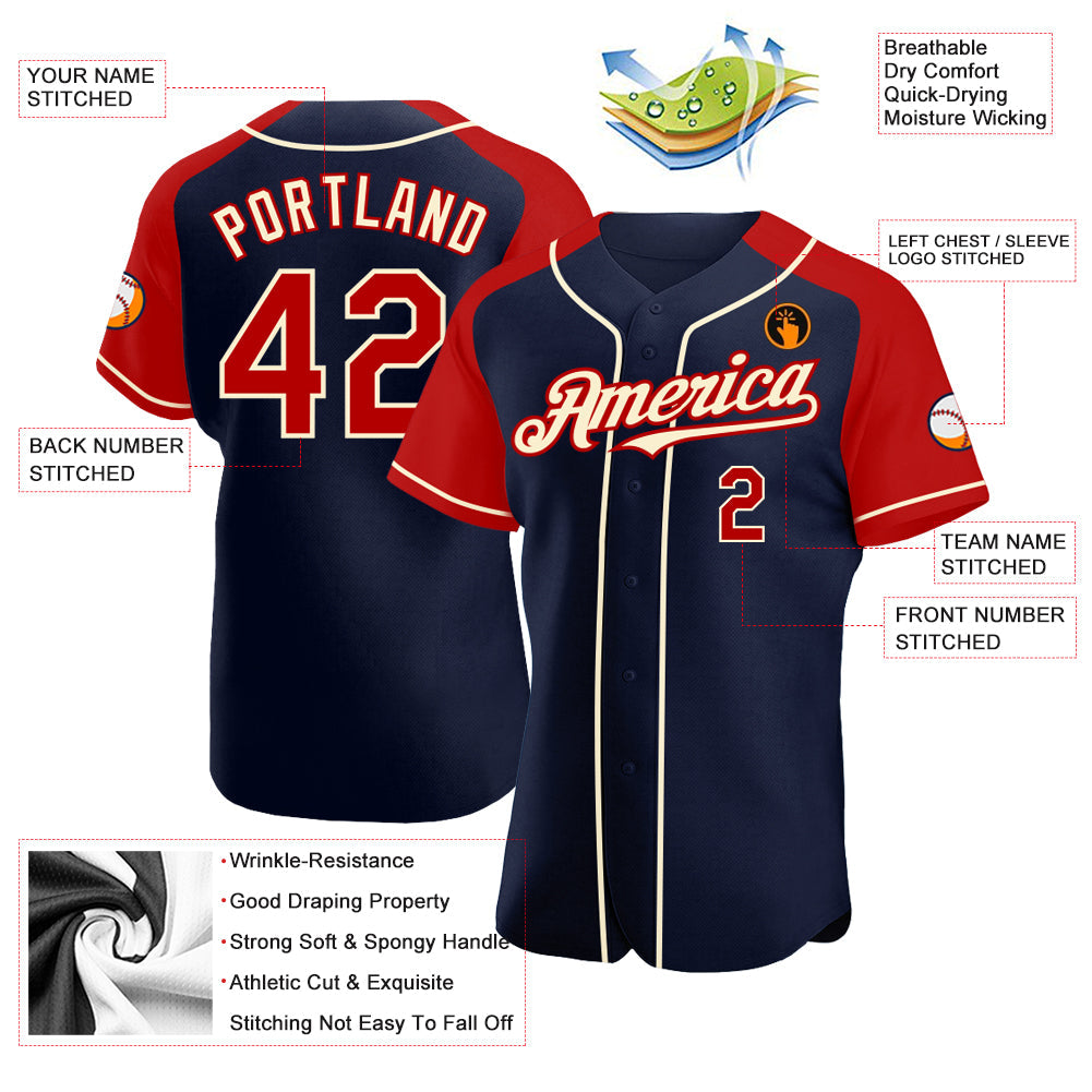 Custom Navy Red-Cream Authentic Raglan Sleeves Baseball Jersey view 3