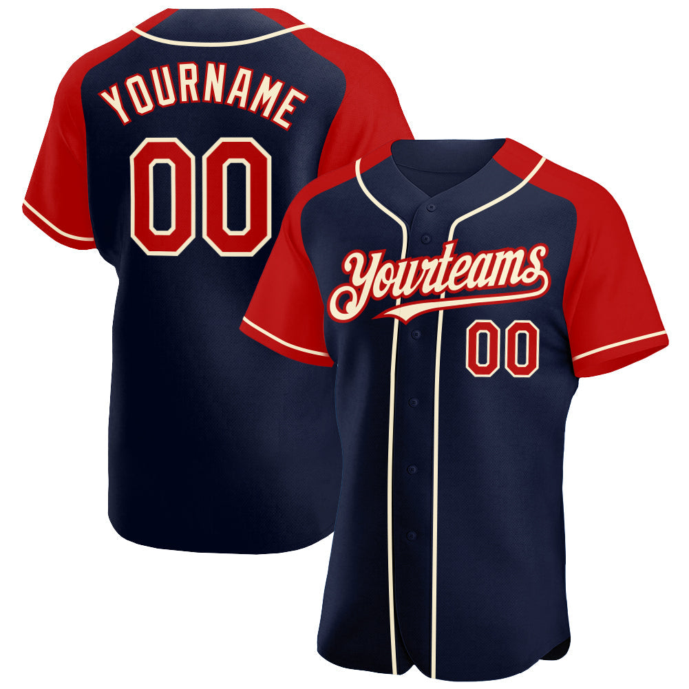 Custom Navy Red-Cream Authentic Raglan Sleeves Baseball Jersey - Main View
