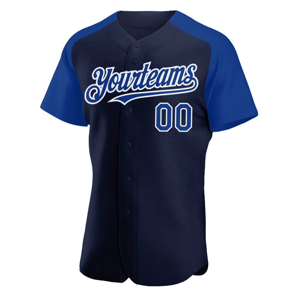 Custom Navy Royal-White Authentic Raglan Sleeves Baseball Jersey view 2