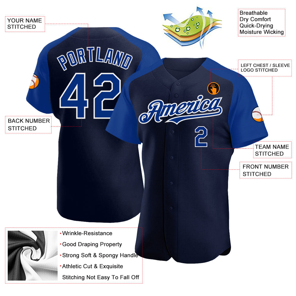 Custom Navy Royal-White Authentic Raglan Sleeves Baseball Jersey view 3
