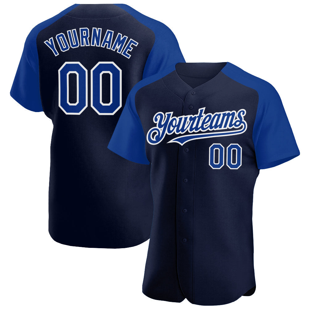 Custom Navy Royal-White Authentic Raglan Sleeves Baseball Jersey - Main View