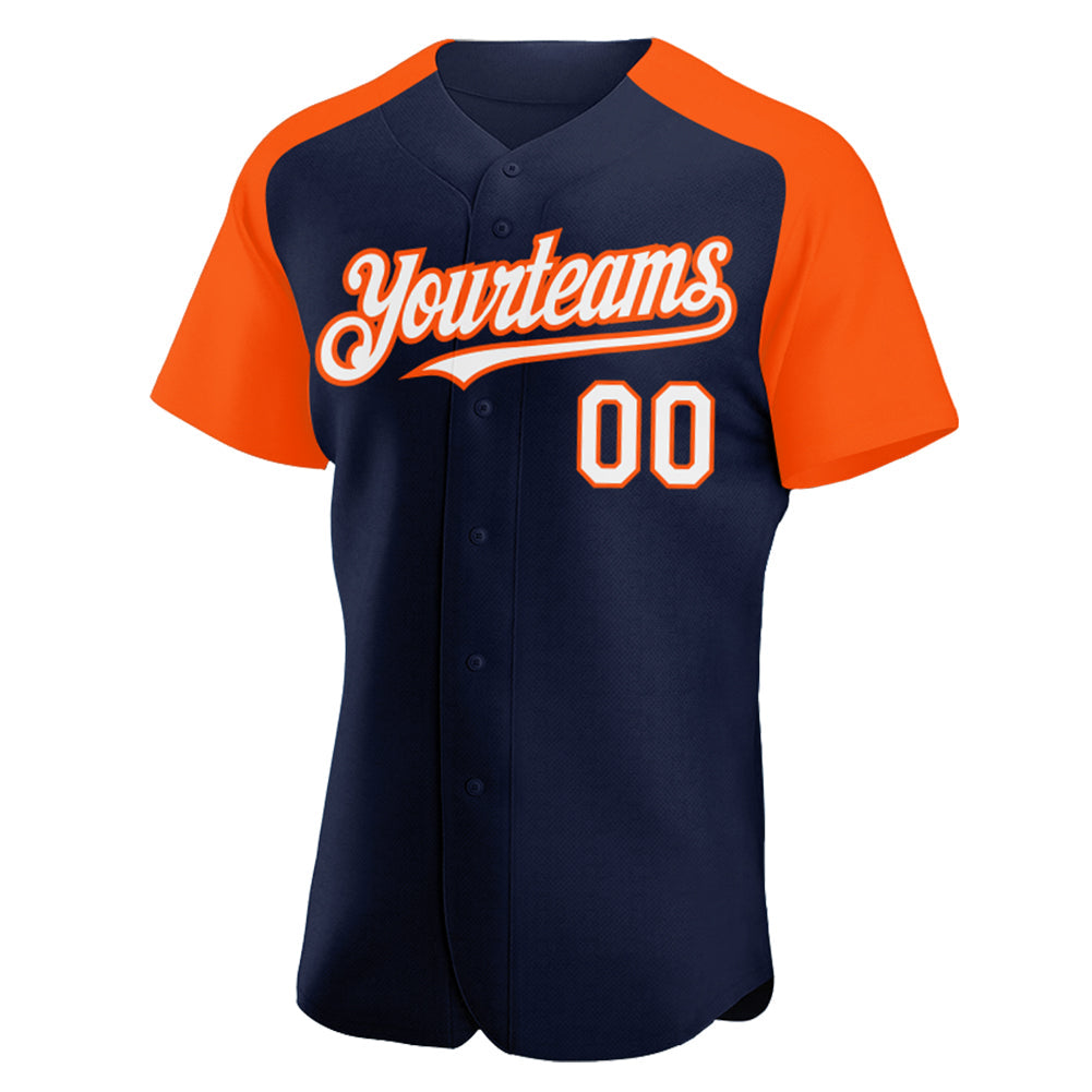 Custom Navy White-Orange Authentic Raglan Sleeves Baseball Jersey view 2