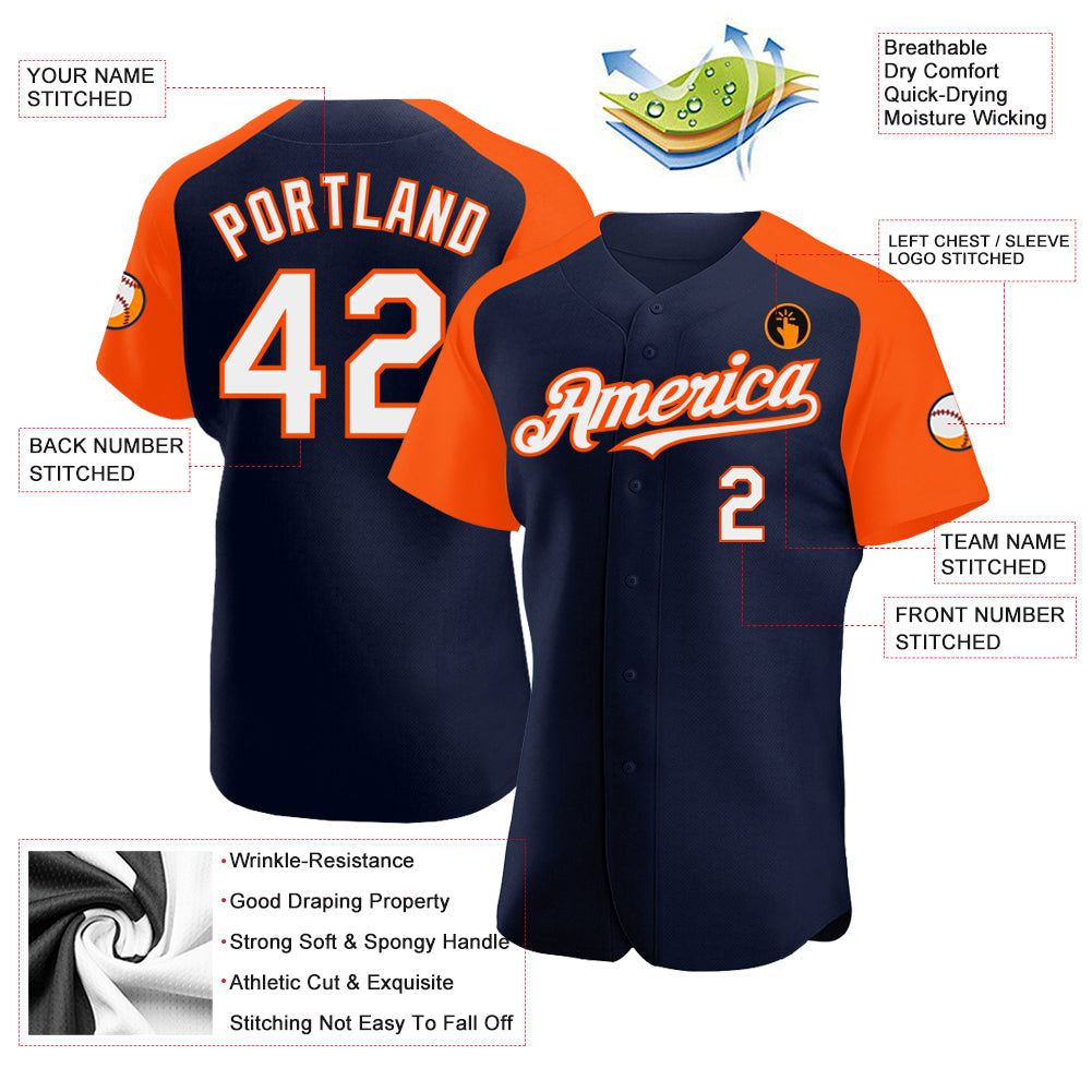 Custom Navy White-Orange Authentic Raglan Sleeves Baseball Jersey view 3