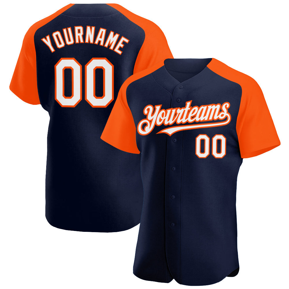 Custom Navy White-Orange Authentic Raglan Sleeves Baseball Jersey - Main View