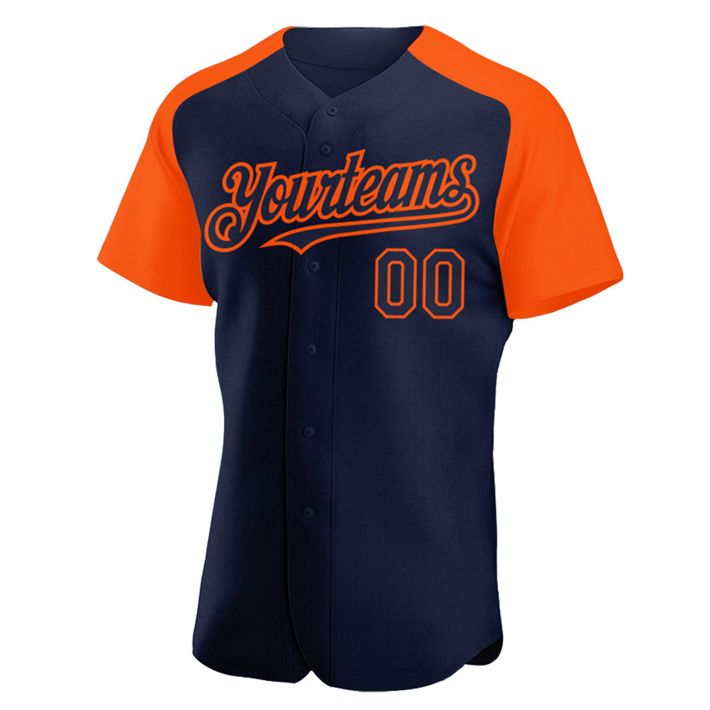 Custom Navy Orange Authentic Raglan Sleeves Baseball Jersey view 2