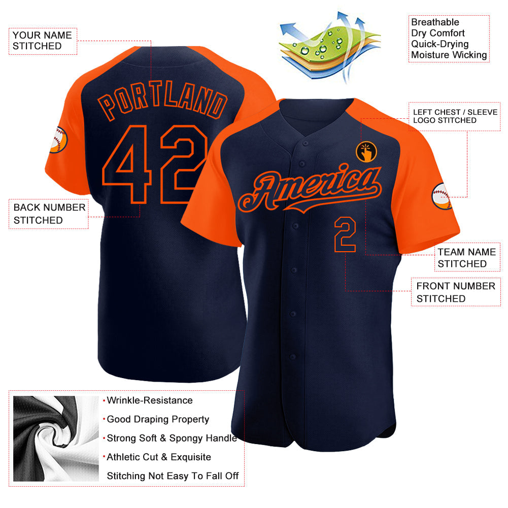 Custom Navy Orange Authentic Raglan Sleeves Baseball Jersey view 3