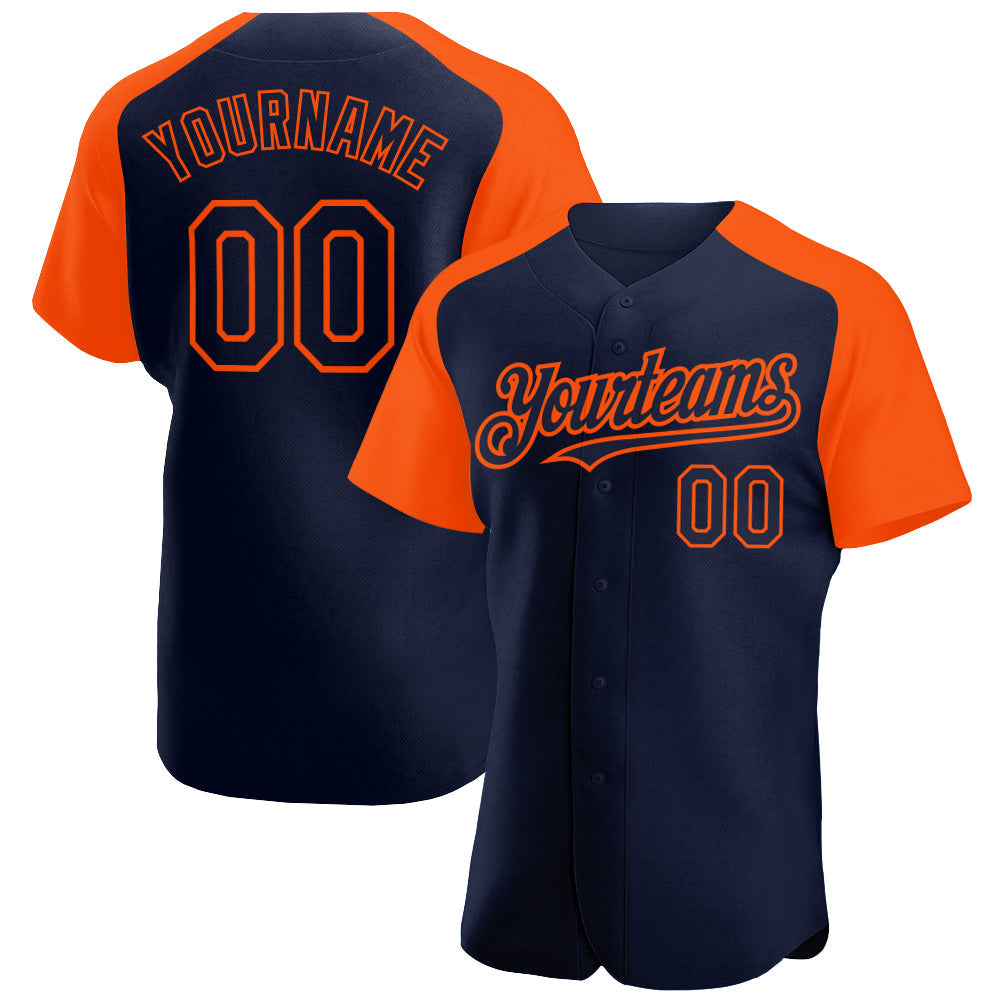 Custom Navy Orange Authentic Raglan Sleeves Baseball Jersey - Main View