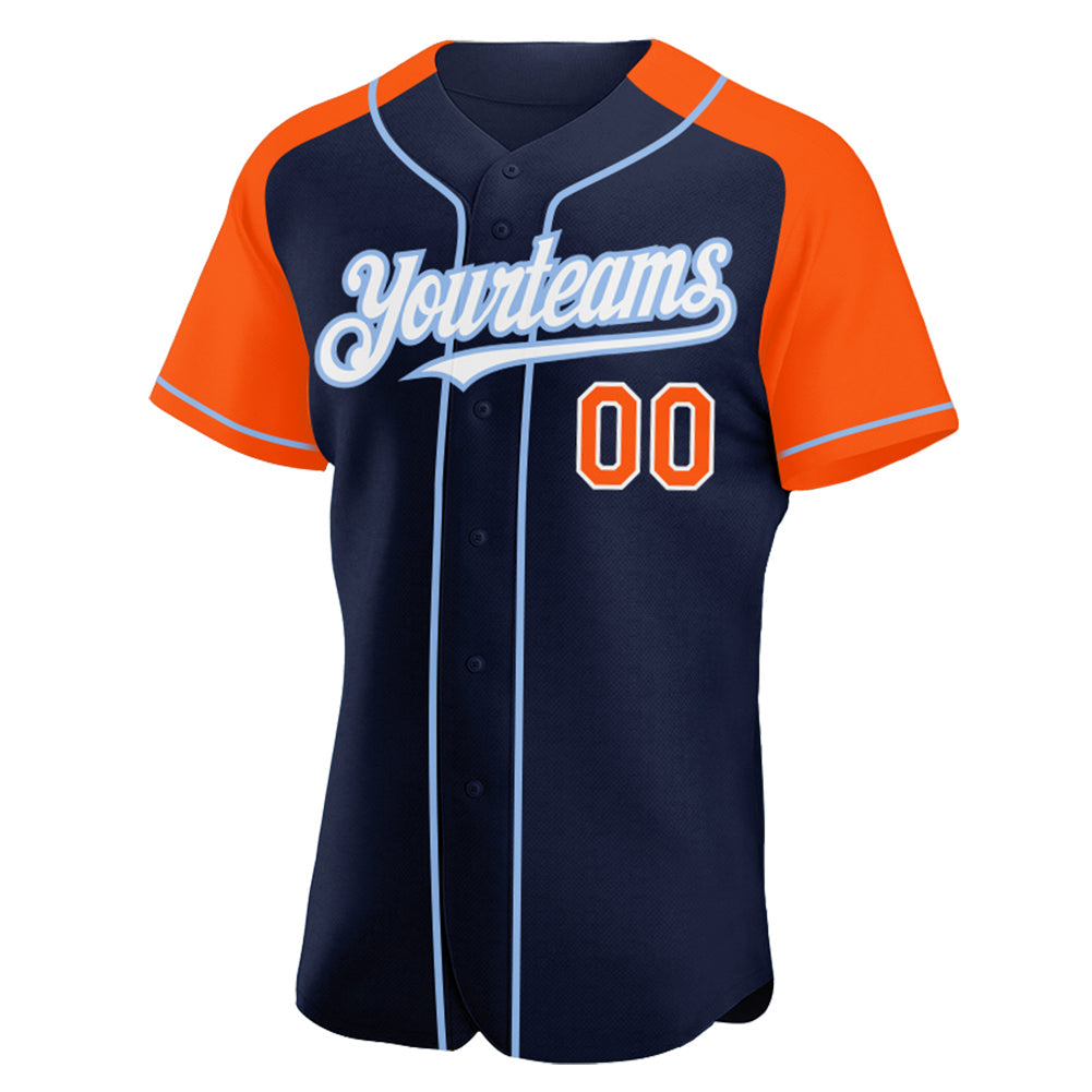 Custom Navy Orange-Light Blue Authentic Raglan Sleeves Baseball Jersey view 2