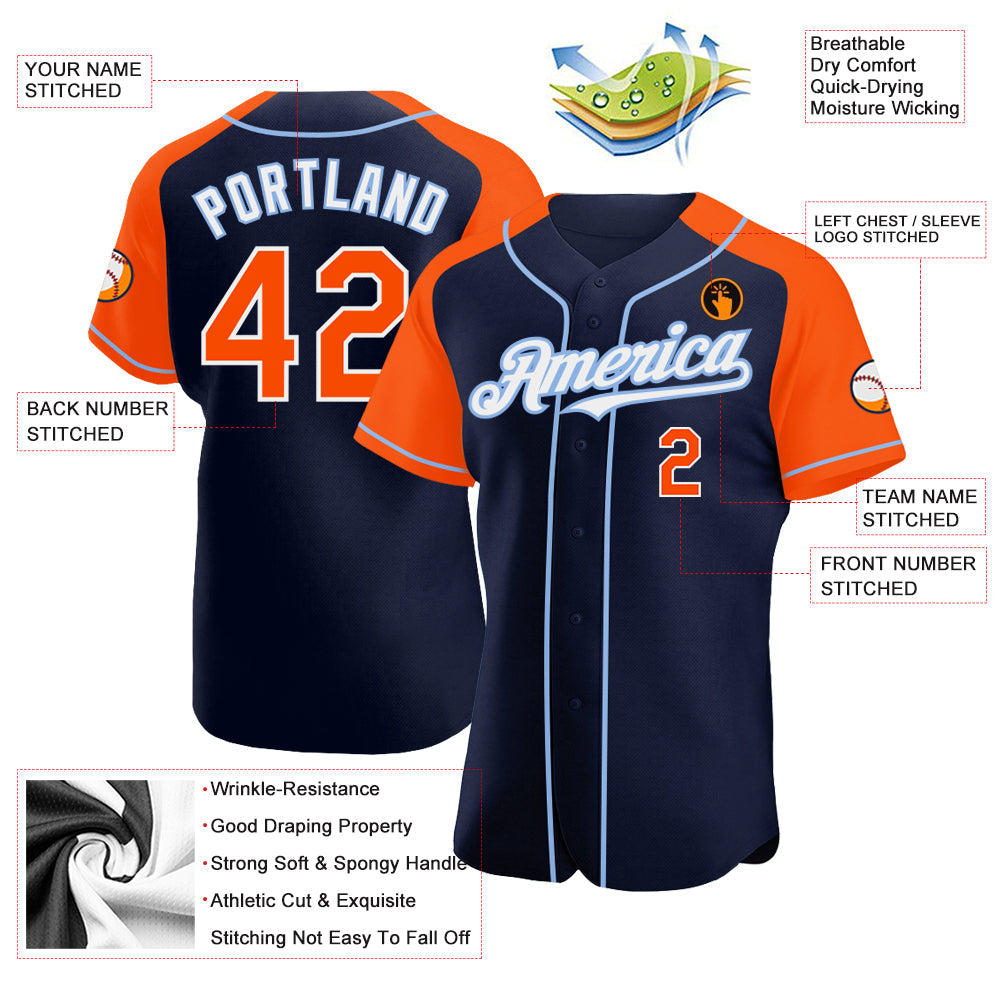 Custom Navy Orange-Light Blue Authentic Raglan Sleeves Baseball Jersey view 3