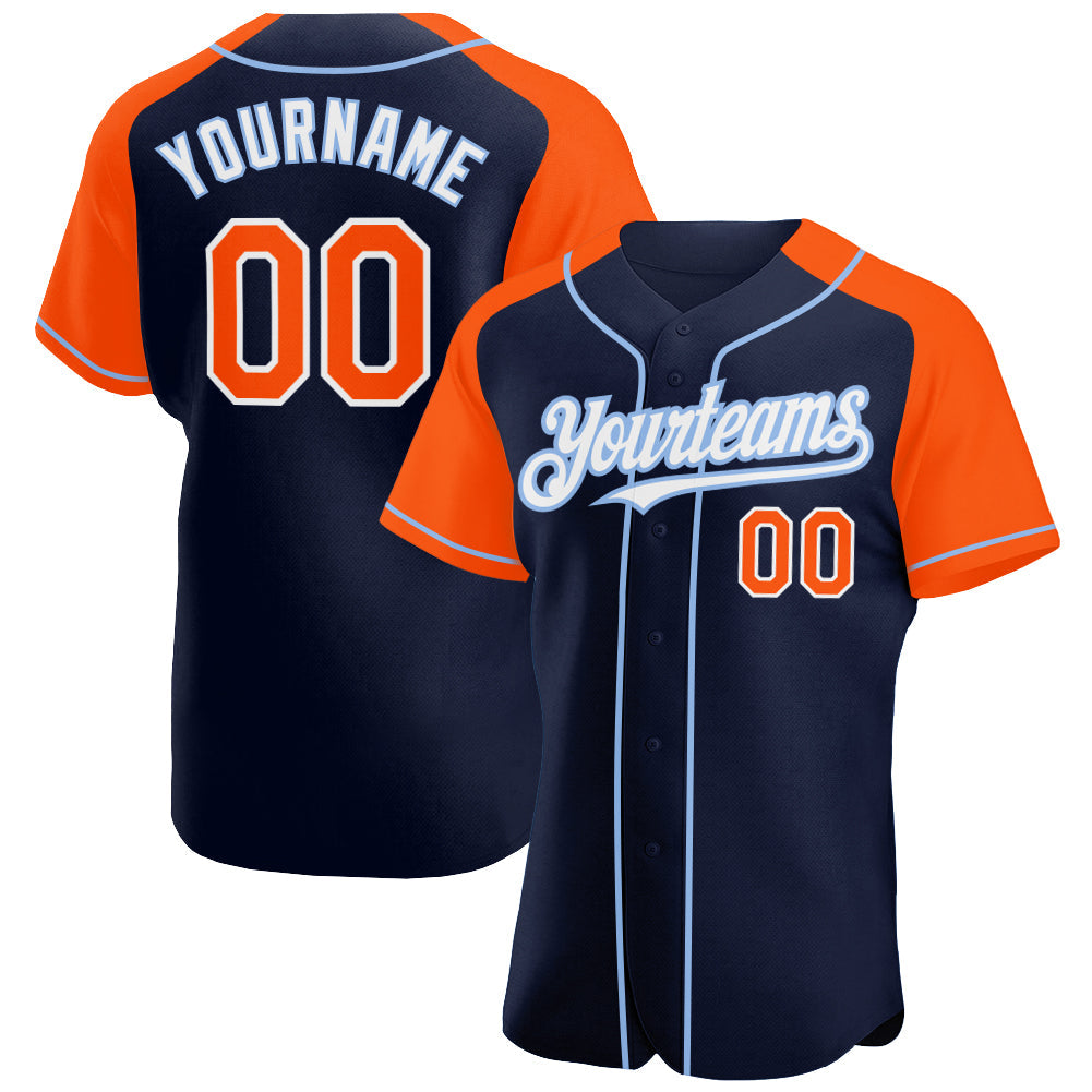 Custom Navy Orange-Light Blue Authentic Raglan Sleeves Baseball Jersey - Main View