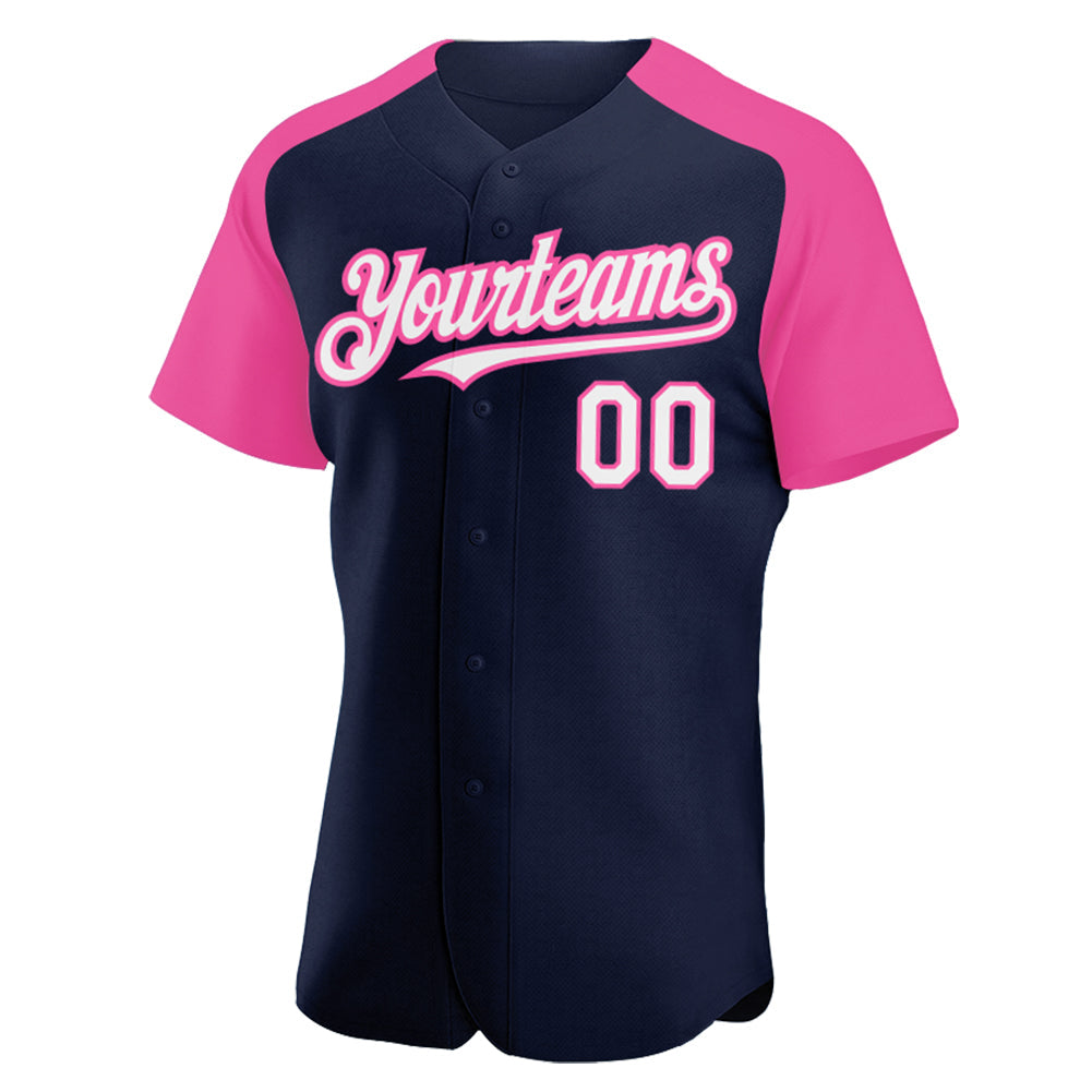 Custom Navy White-Pink Authentic Raglan Sleeves Baseball Jersey view 2