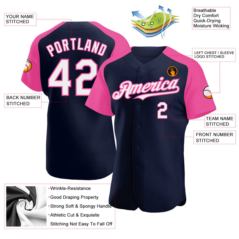 Custom Navy White-Pink Authentic Raglan Sleeves Baseball Jersey view 3