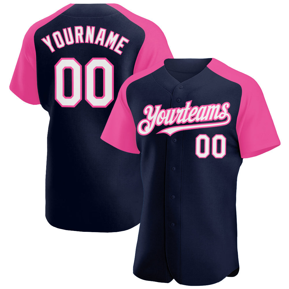 Custom Navy White-Pink Authentic Raglan Sleeves Baseball Jersey - Main View