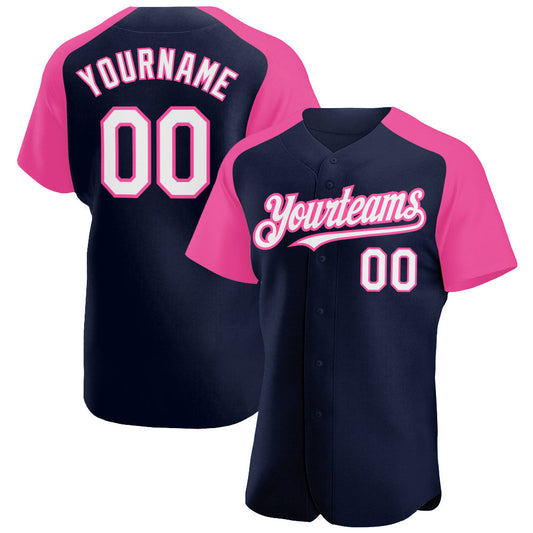 Custom Navy White-Pink Authentic Raglan Sleeves Baseball Jersey - Main View