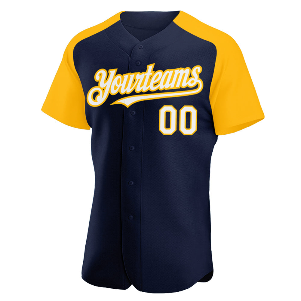 Custom Navy White-Gold Authentic Raglan Sleeves Baseball Jersey view 2