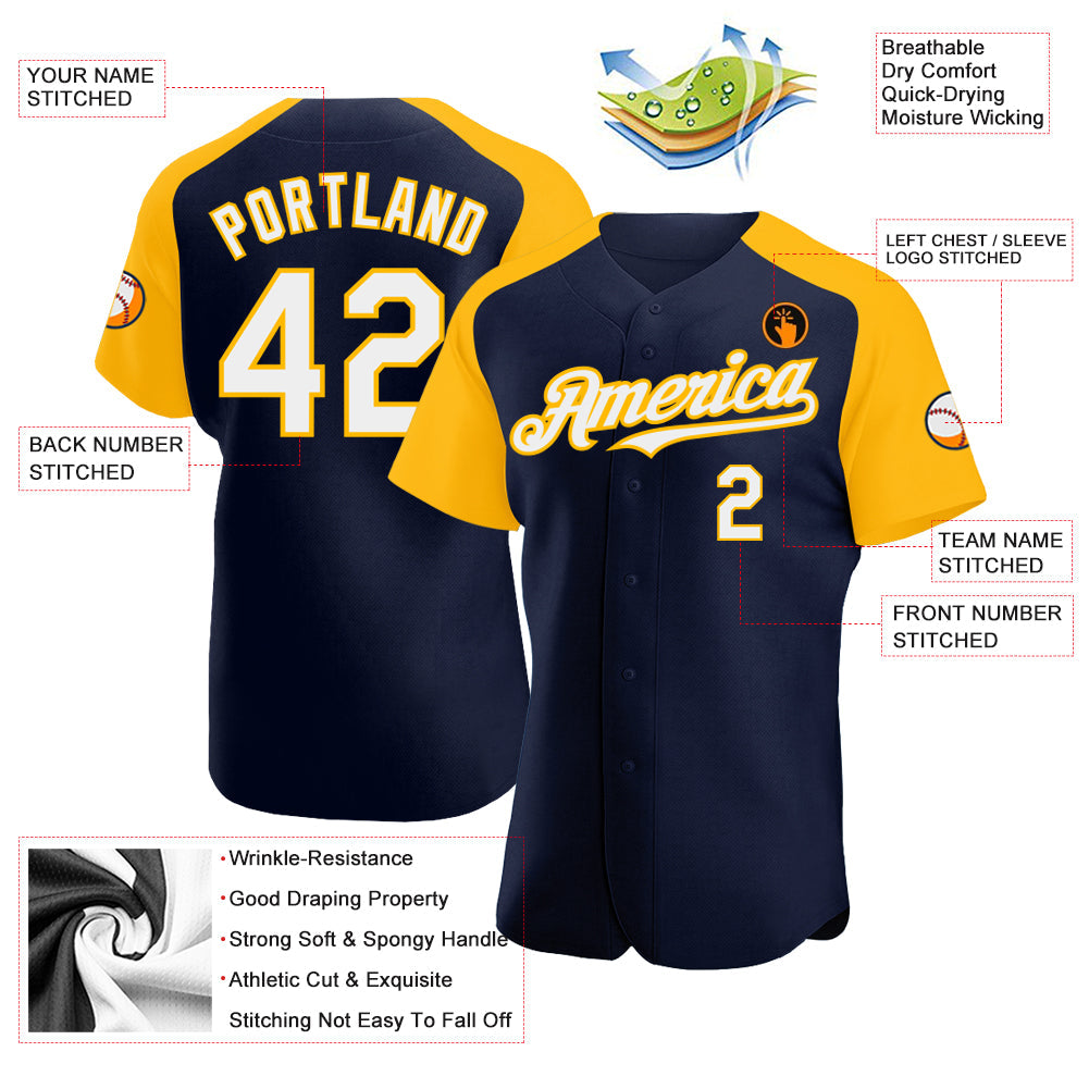 Custom Navy White-Gold Authentic Raglan Sleeves Baseball Jersey view 3