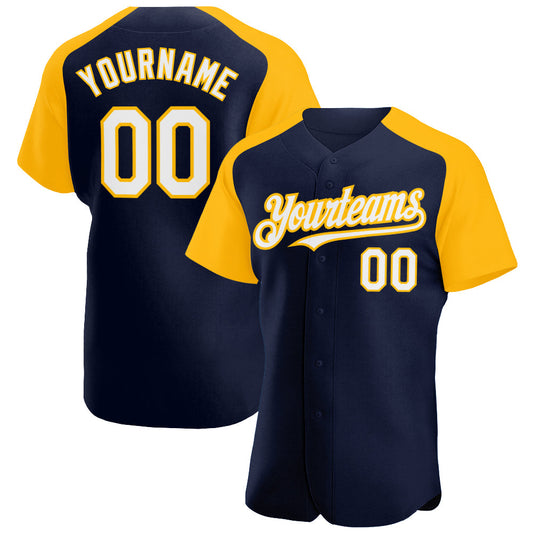 Custom Navy White-Gold Authentic Raglan Sleeves Baseball Jersey - Main View