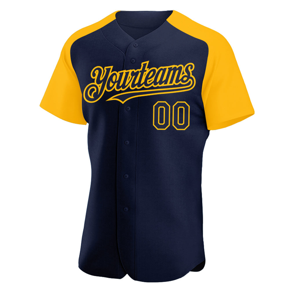 Custom Navy Gold Authentic Raglan Sleeves Baseball Jersey view 2