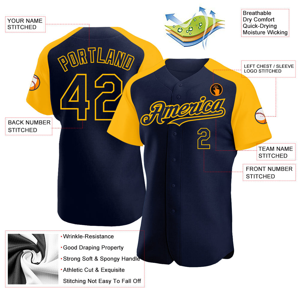 Custom Navy Gold Authentic Raglan Sleeves Baseball Jersey view 3