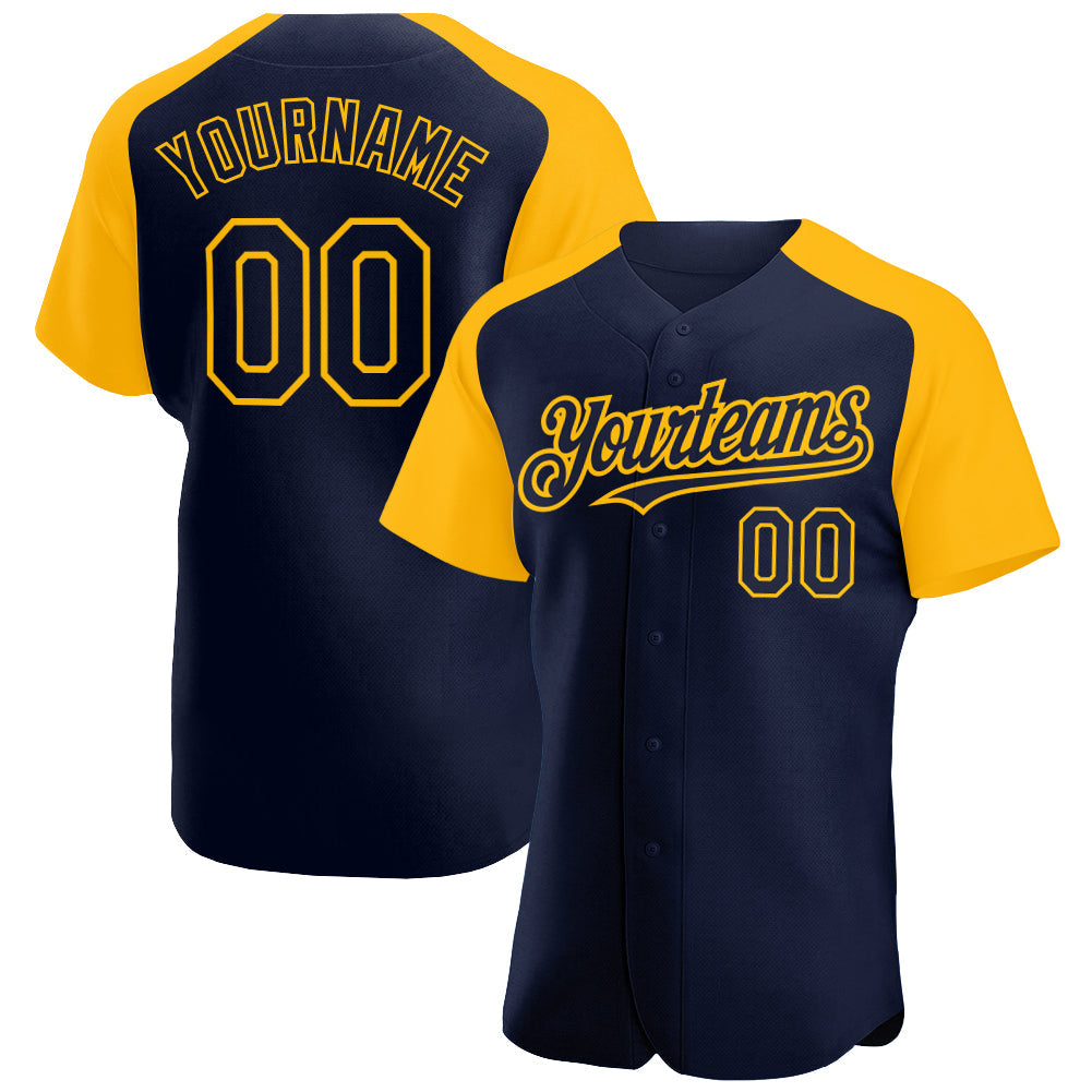 Custom Navy Gold Authentic Raglan Sleeves Baseball Jersey - Main View