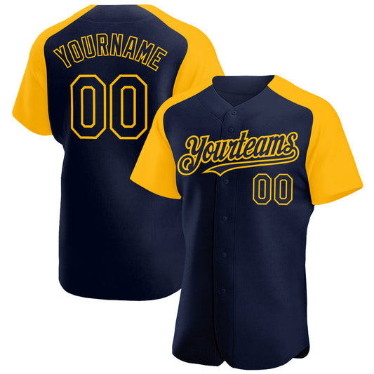 Custom Navy Gold Authentic Raglan Sleeves Baseball Jersey - Main View