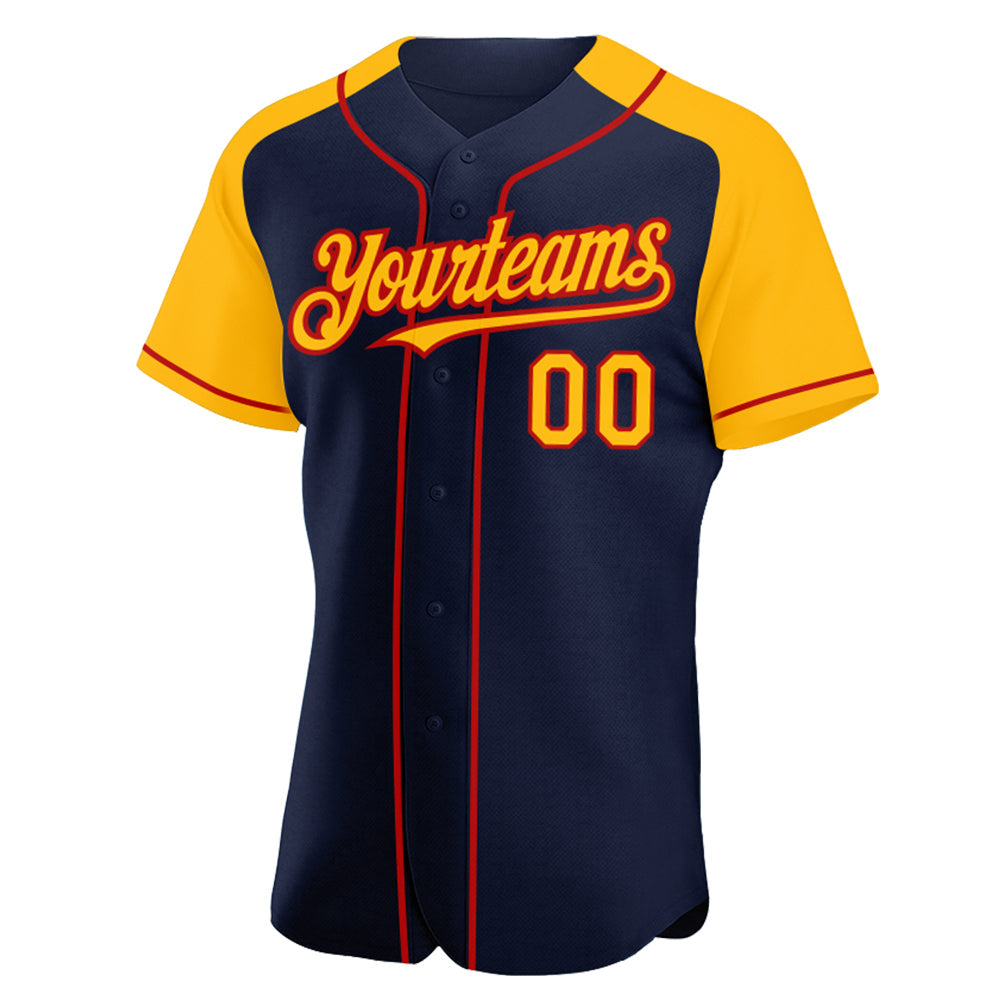 Custom Navy Gold-Red Authentic Raglan Sleeves Baseball Jersey view 2