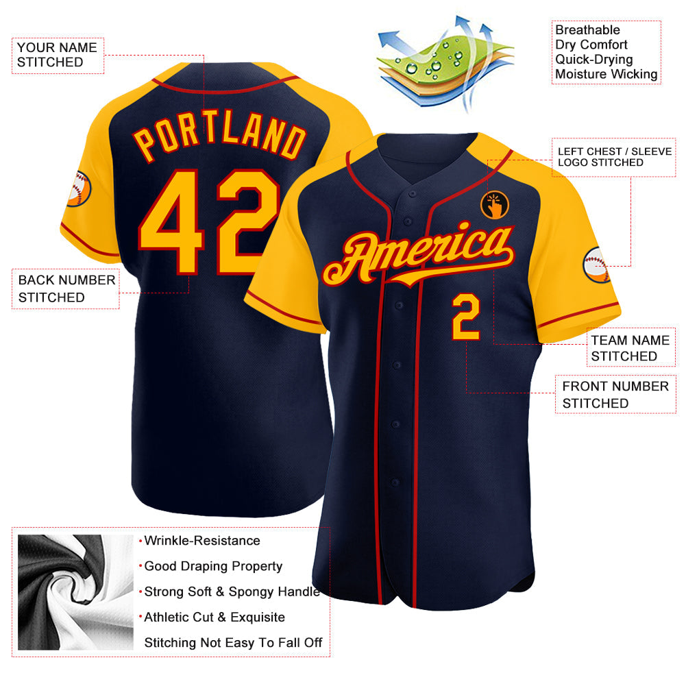 Custom Navy Gold-Red Authentic Raglan Sleeves Baseball Jersey view 3