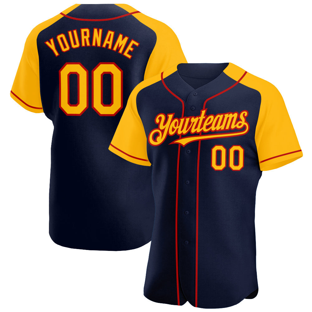 Custom Navy Gold-Red Authentic Raglan Sleeves Baseball Jersey - Main View