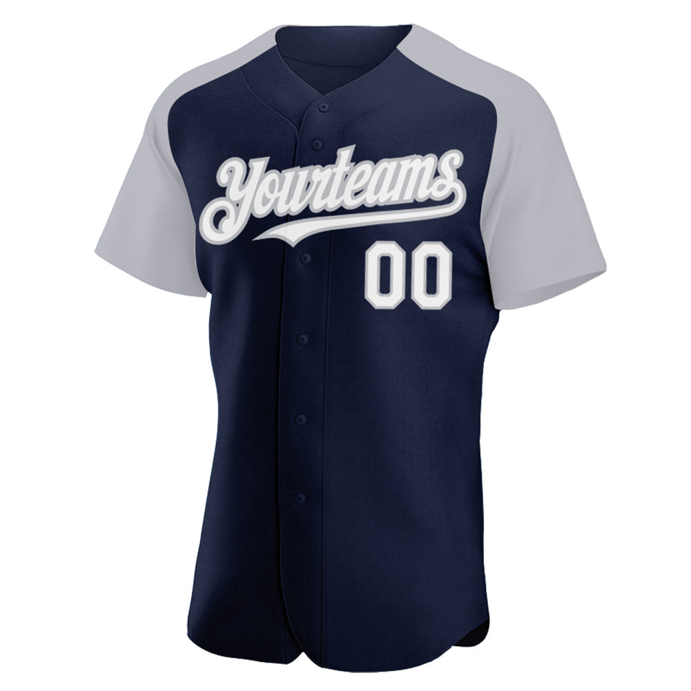 Custom Navy White-Gray Authentic Raglan Sleeves Baseball Jersey view 2