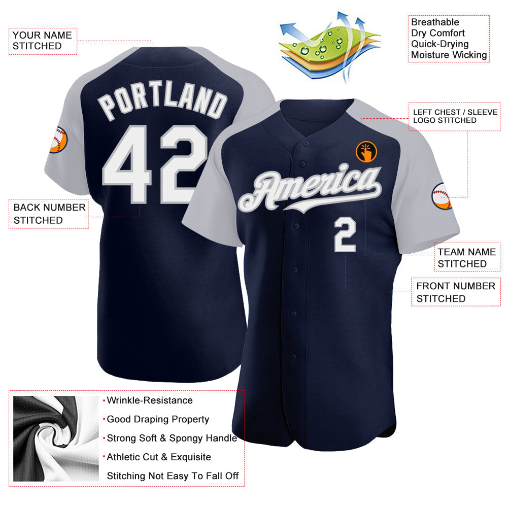 Custom Navy White-Gray Authentic Raglan Sleeves Baseball Jersey view 3