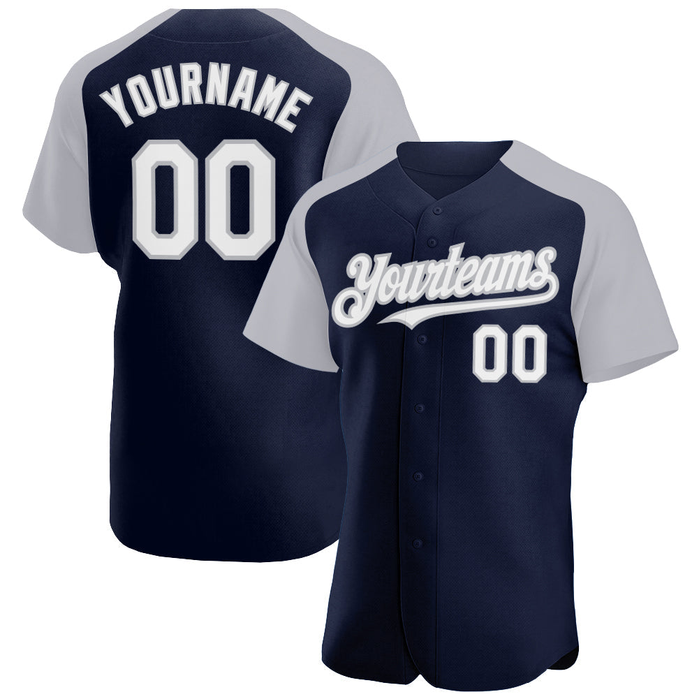 Custom Navy White-Gray Authentic Raglan Sleeves Baseball Jersey - Main View