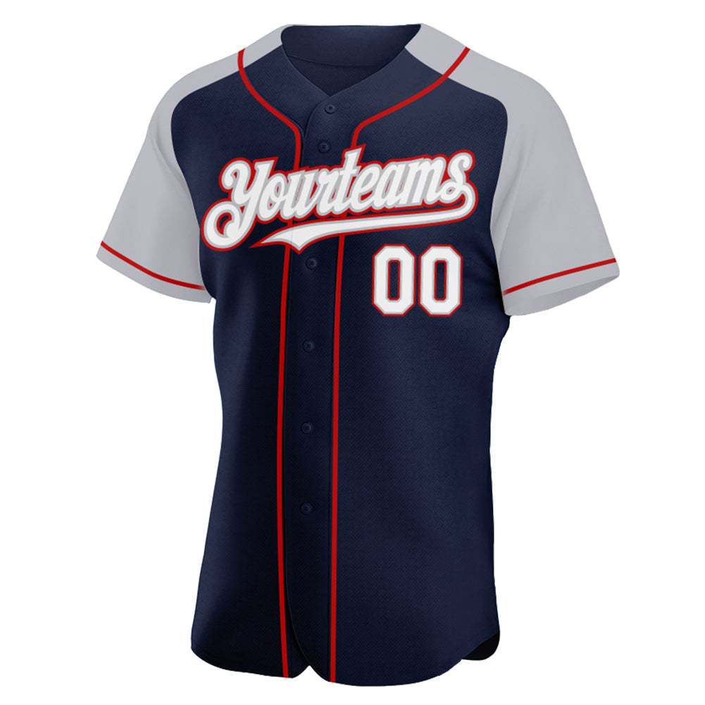Custom Navy White Gray-Red Authentic Raglan Sleeves Baseball Jersey view 2