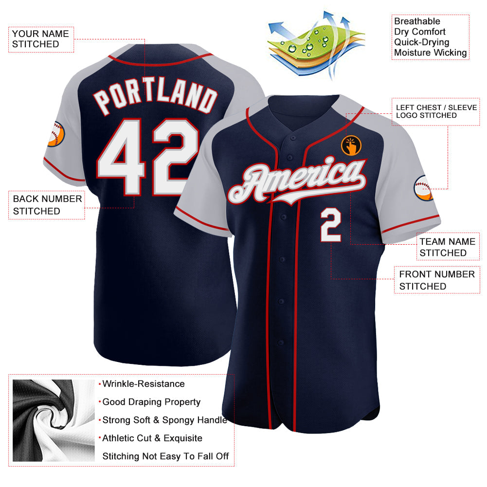 Custom Navy White Gray-Red Authentic Raglan Sleeves Baseball Jersey view 3