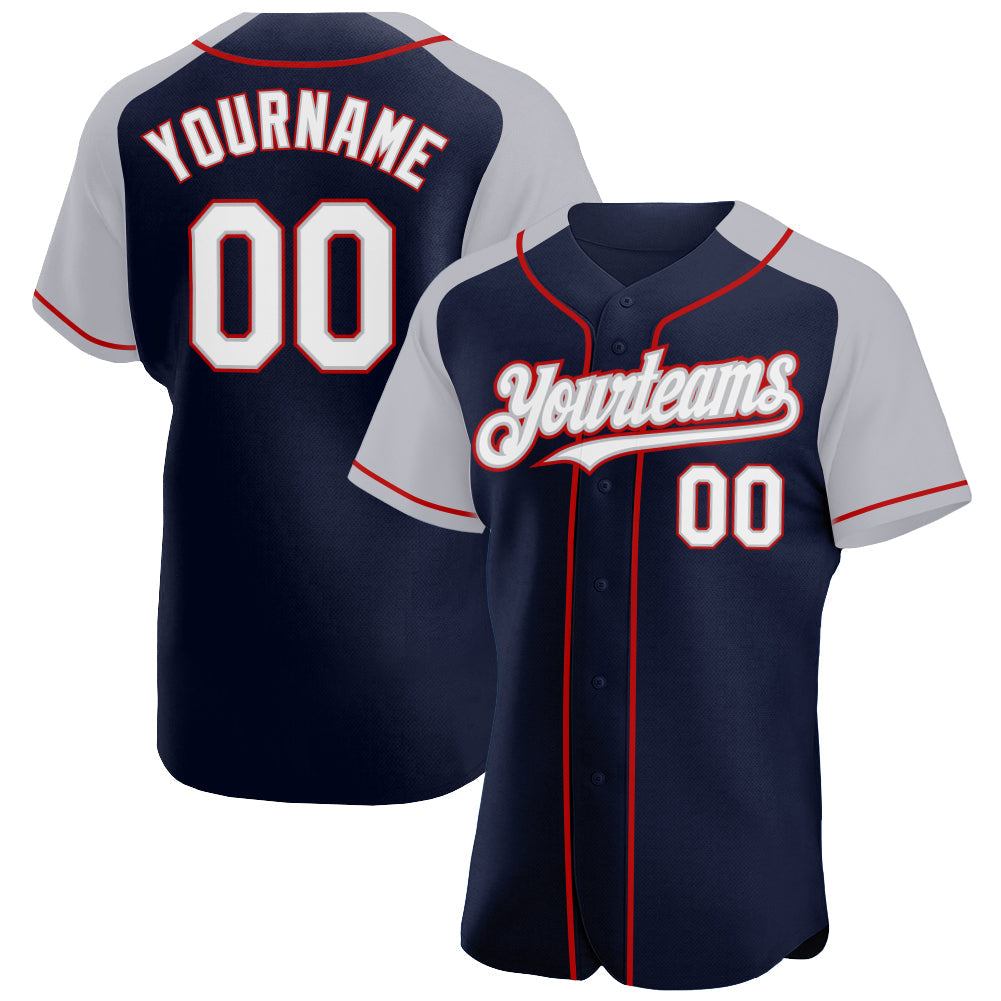 Custom Navy White Gray-Red Authentic Raglan Sleeves Baseball Jersey - Main View