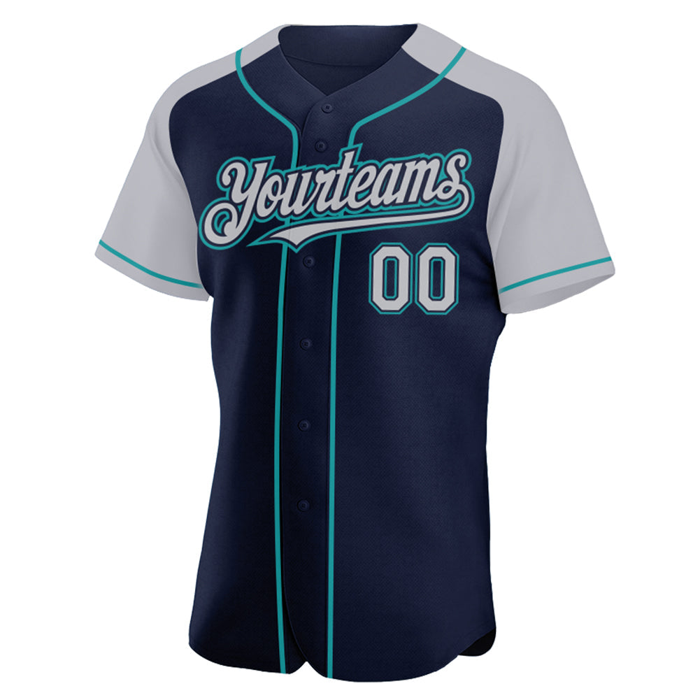 Custom Navy Gray-Teal Authentic Raglan Sleeves Baseball Jersey view 2